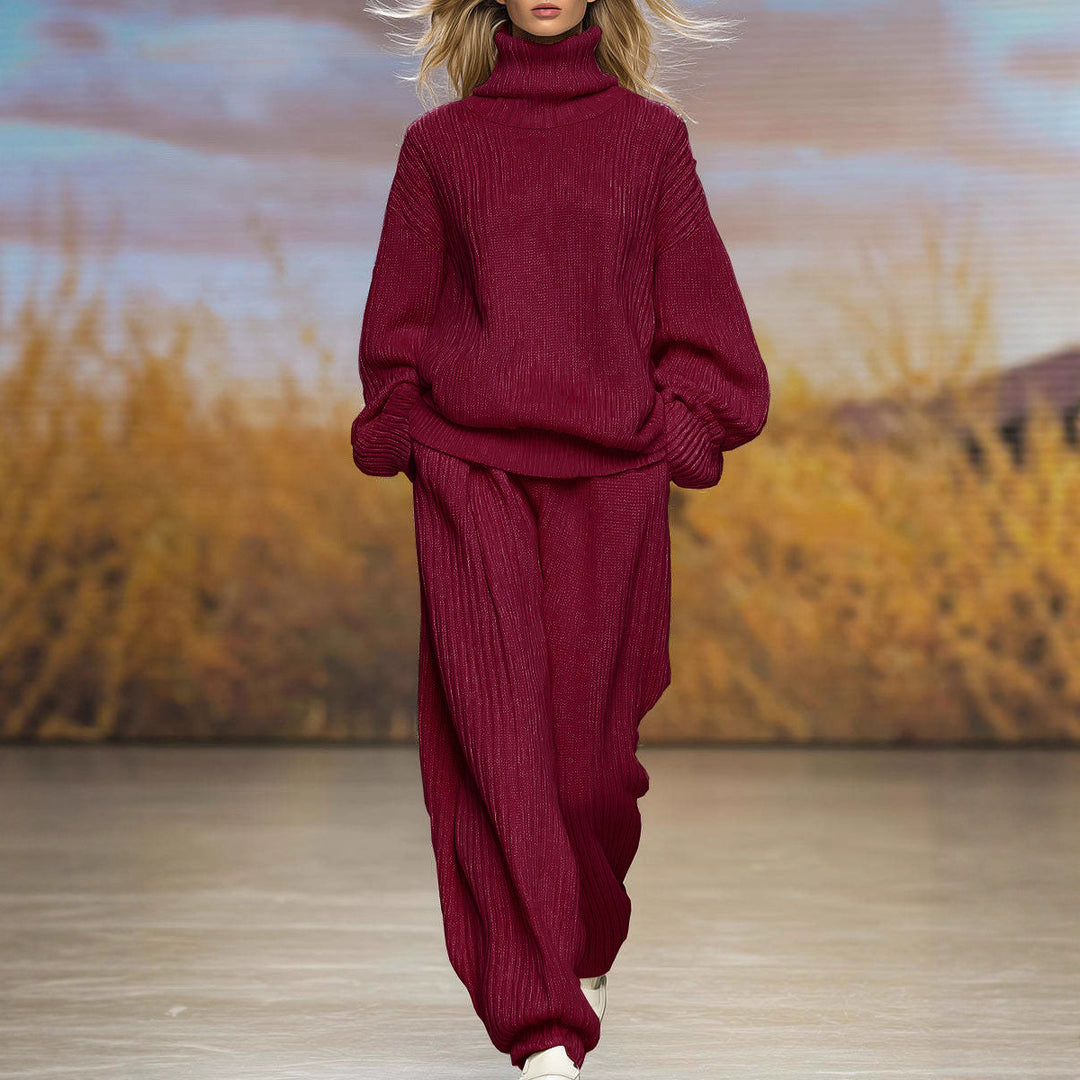 Burgundy ribbed knit two-piece set with high-neck top and wide-leg pants, long sleeves