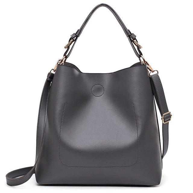 Dark gray leather-look shoulder hobo bag with top handles and crossbody strap