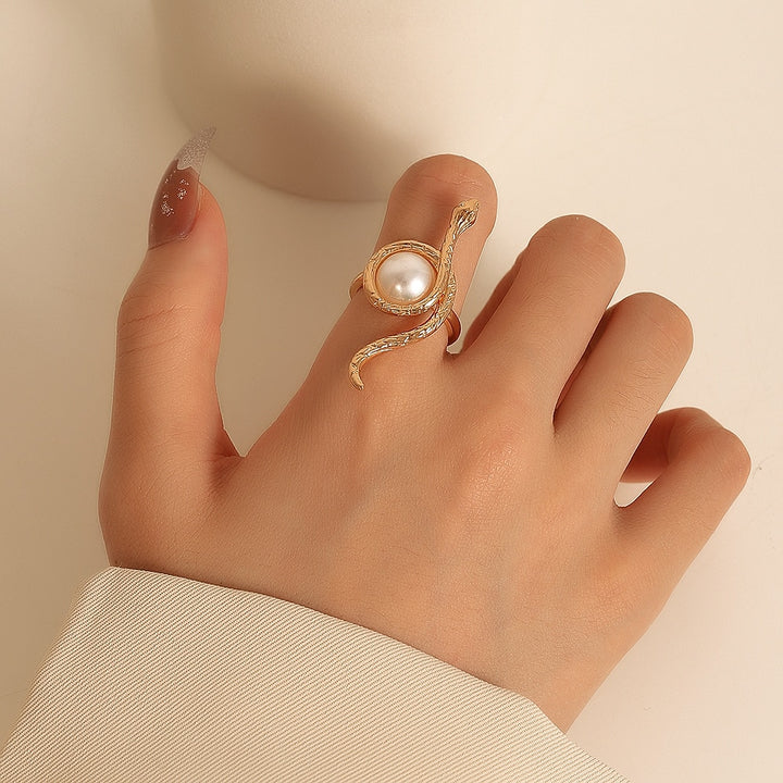 Bold Retro Gothic Winding Snake Ring with Pearl