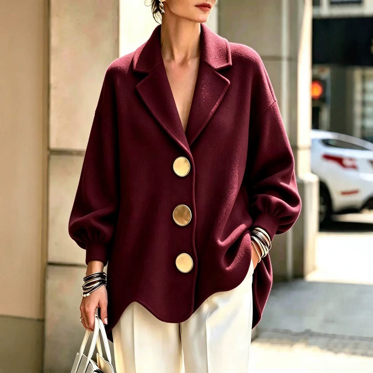 Women’s wine red V-neck blouse with puff sleeves and gold button front