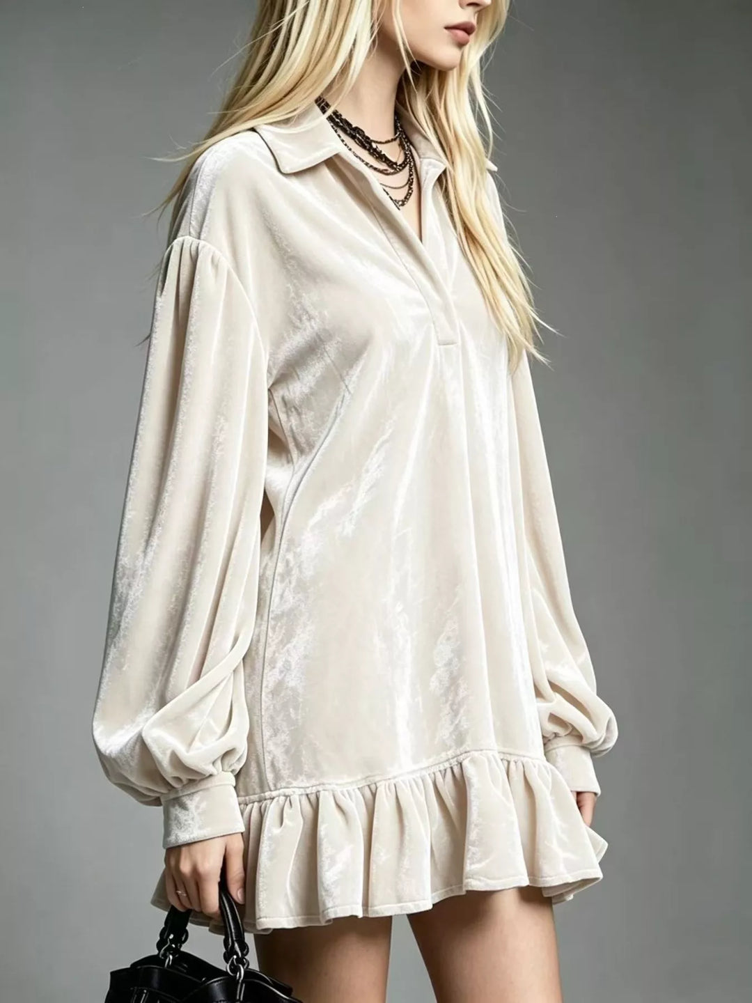 Cream-white velvet long-sleeve mini dress with button front and ruffle hem