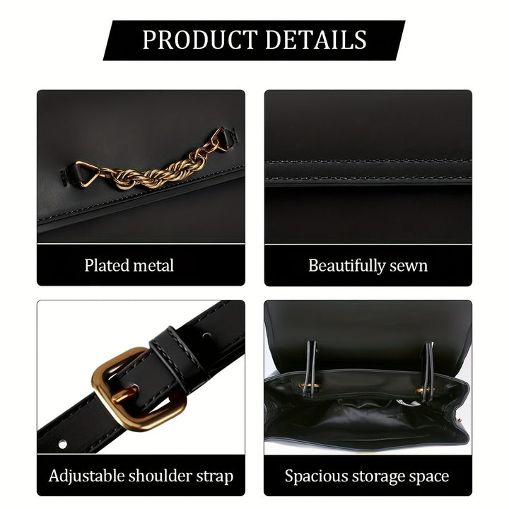 Product details of a black handbag with gold accents, including plating, stitching, strap, and storage space.