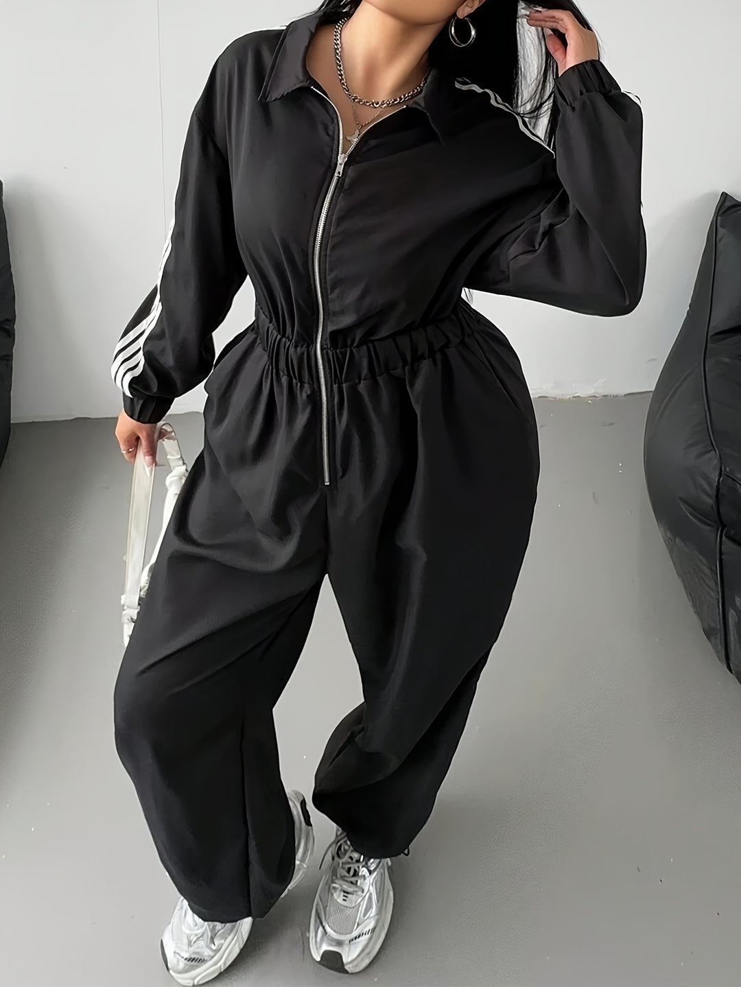 Comfy Loose-Fit Zip-Up Striped Plus Size Jumpsuits - Flossy Mom