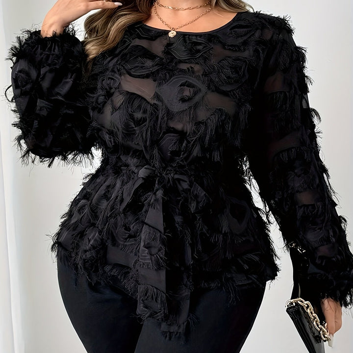 Boss-Lady Mesh Lace Belt Detail Plus Size Shirts - Flossy Mom