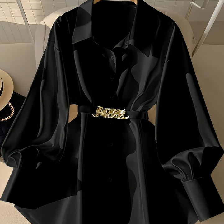 Dollish Long Sleeve Buttons Collar Office Shirts with Metallic Belt - Flossy Mom