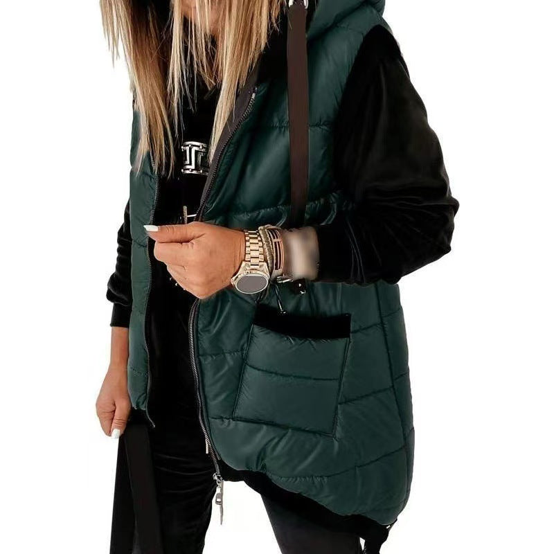 Women’s hooded puffer vest with zipper, two front pockets, dark green