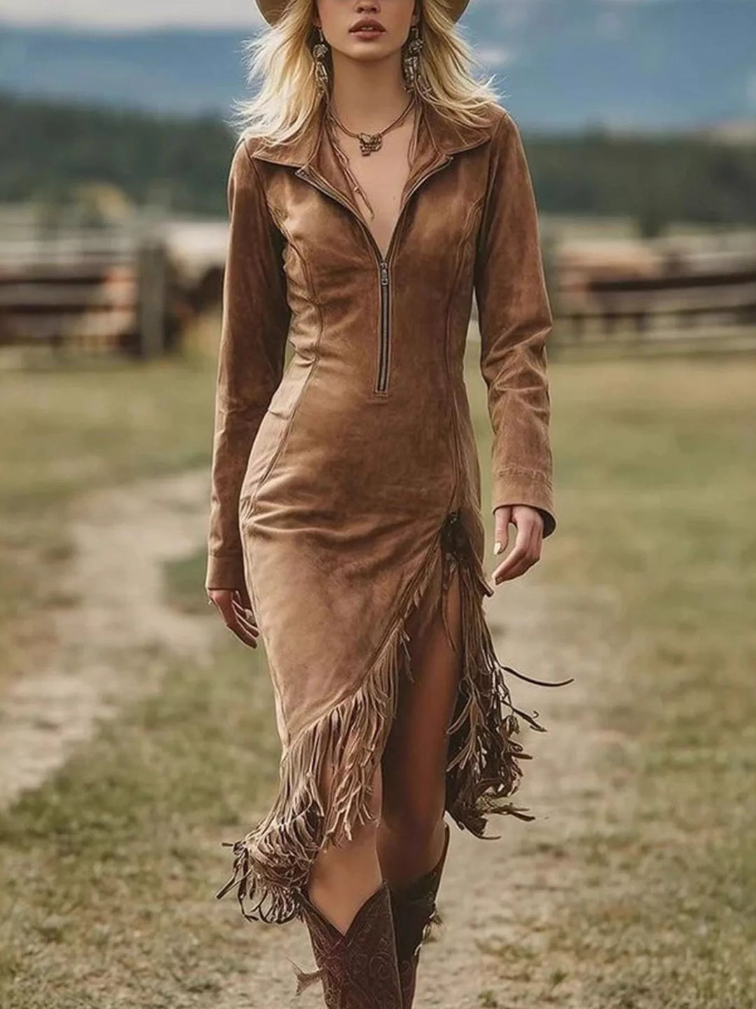 Dark brown zip-front bodycon dress with long sleeves and fringe hem