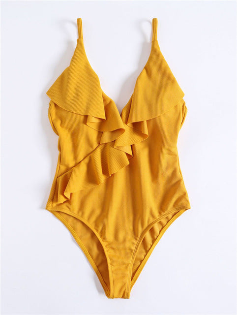 Backless Solid Color Ruffle Bandage One Piece Swimsuits