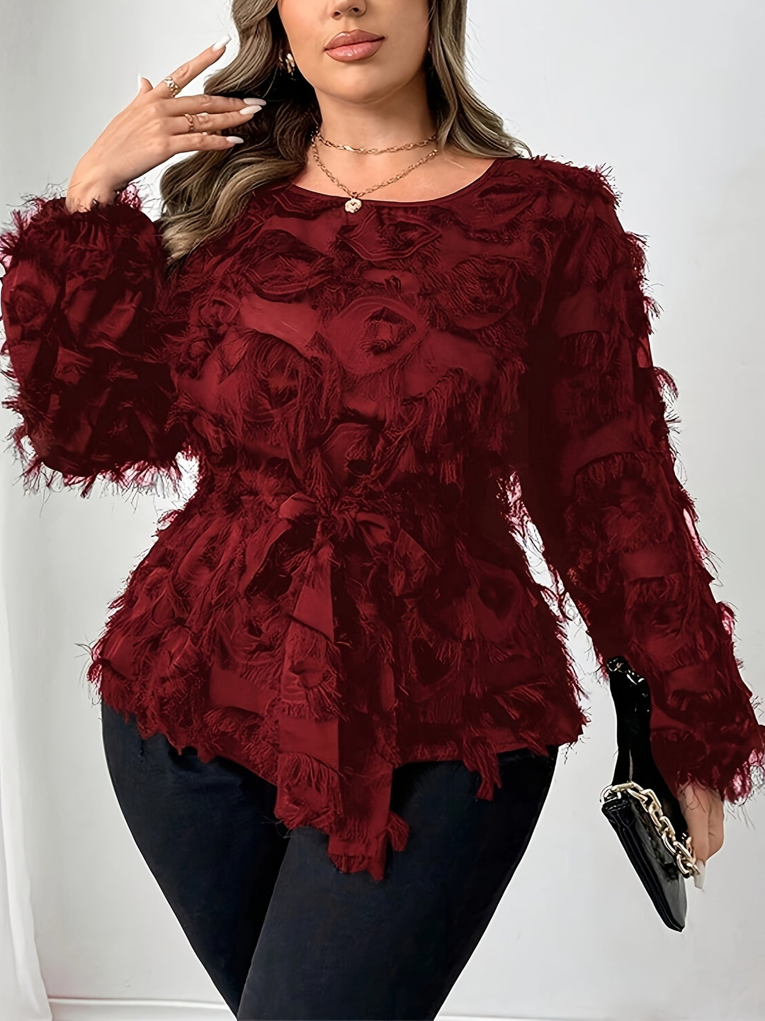 Boss-Lady Mesh Lace Belt Detail Plus Size Shirts - Flossy Mom