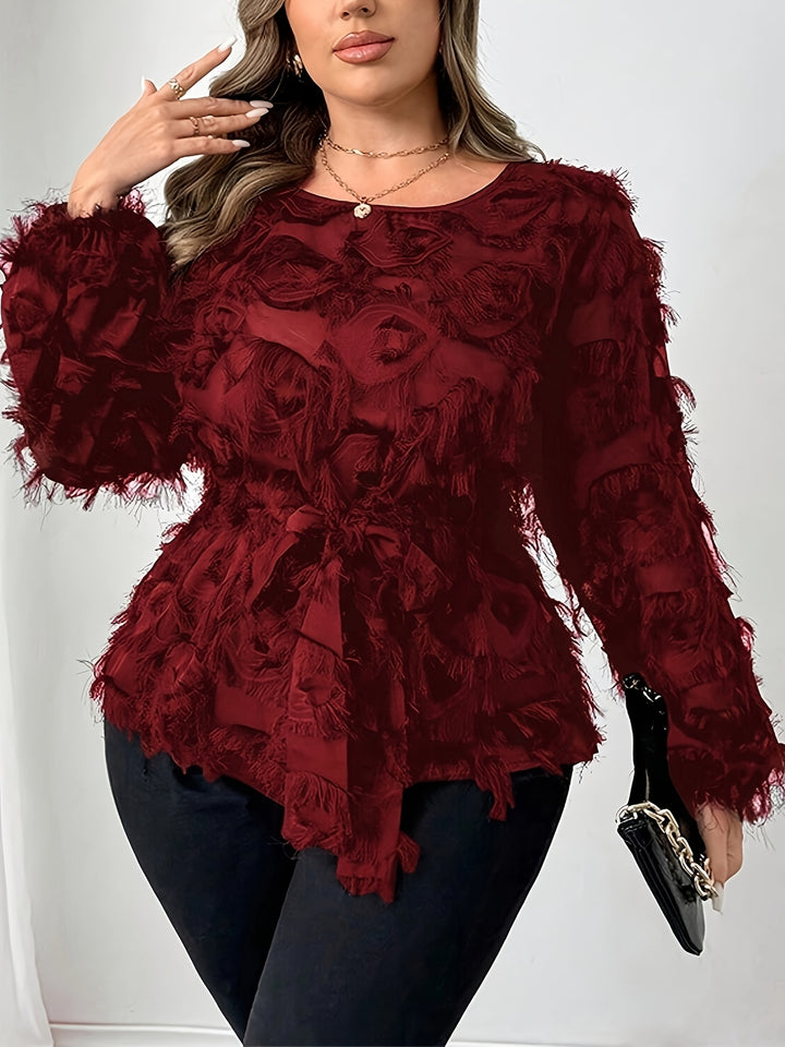 Boss-Lady Mesh Lace Belt Detail Plus Size Shirts - Flossy Mom