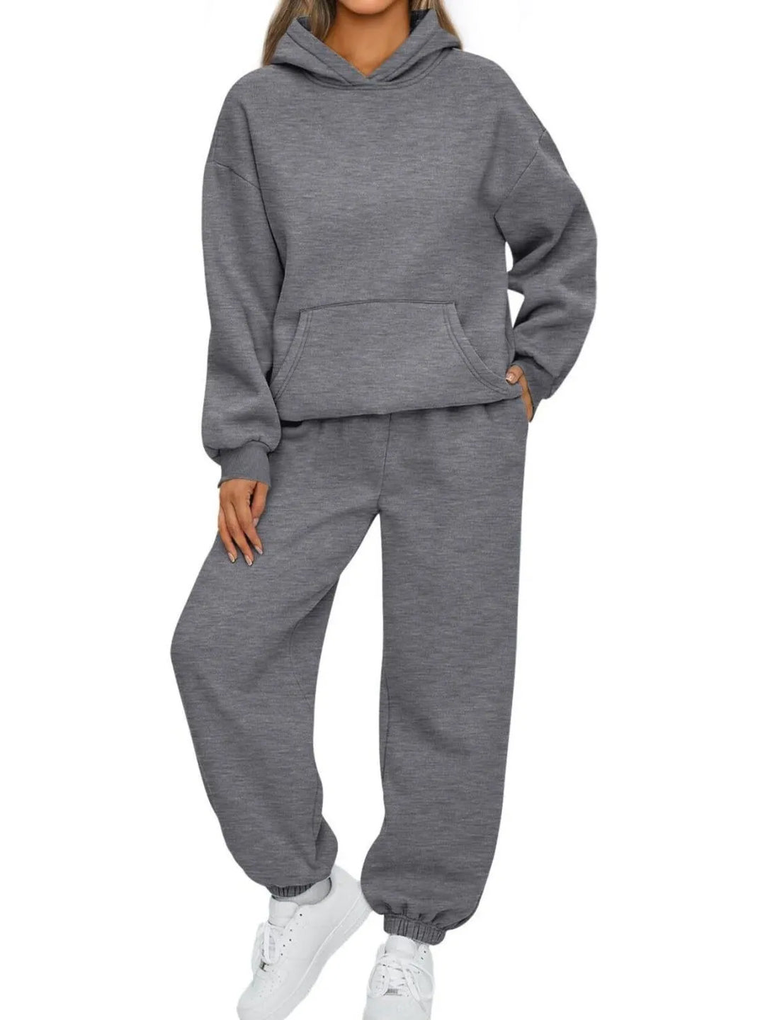 Plus-size dark gray hoodie and jogger set with kangaroo pocket and hooded top