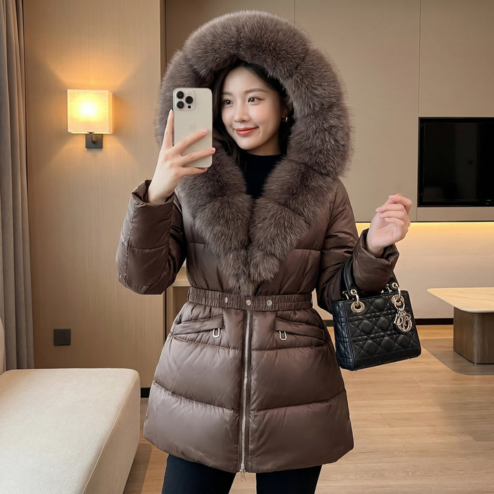 Women’s Brown Belted Puffer Coat With Oversized Fur-Trimmed Hood, Modeled Front View.