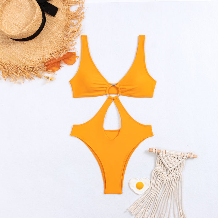Cut Out Ring One Piece Stretchy Nylon Triangle Swimsuits