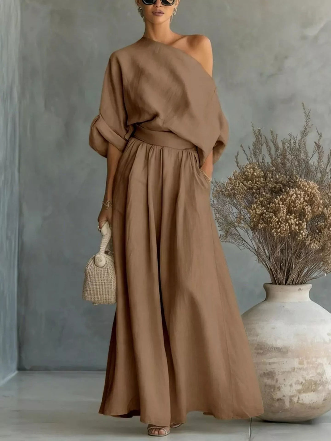 Plus-size one-shoulder top and wide-leg pants set, tan