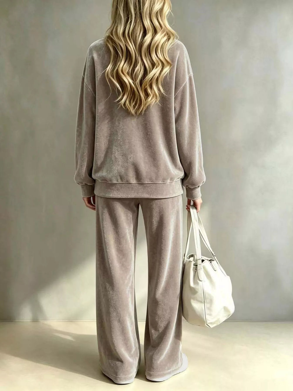 Women's Khaki Velvet Top And Wide-Leg Pants Set, Back View