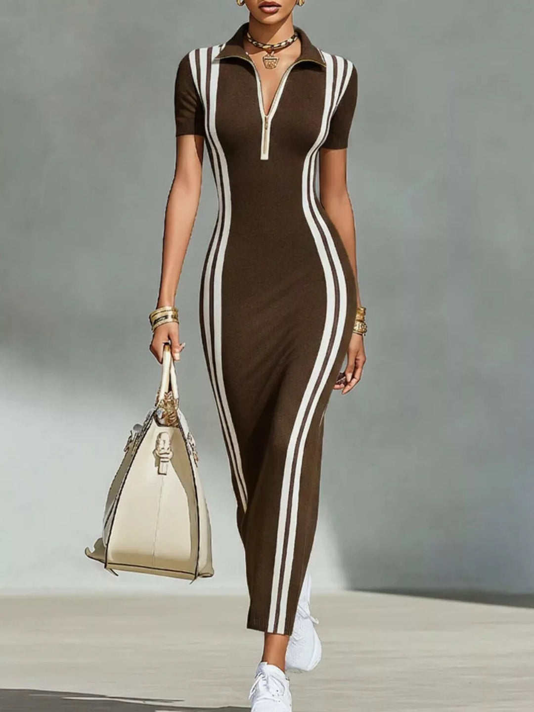 Brown midi dress with short sleeves, contrast vertical stripes and front zip