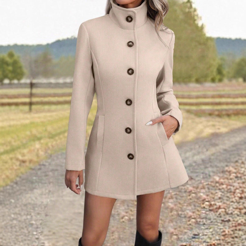 Plus-size stand-collar button coat, light apricot, button front, side pockets