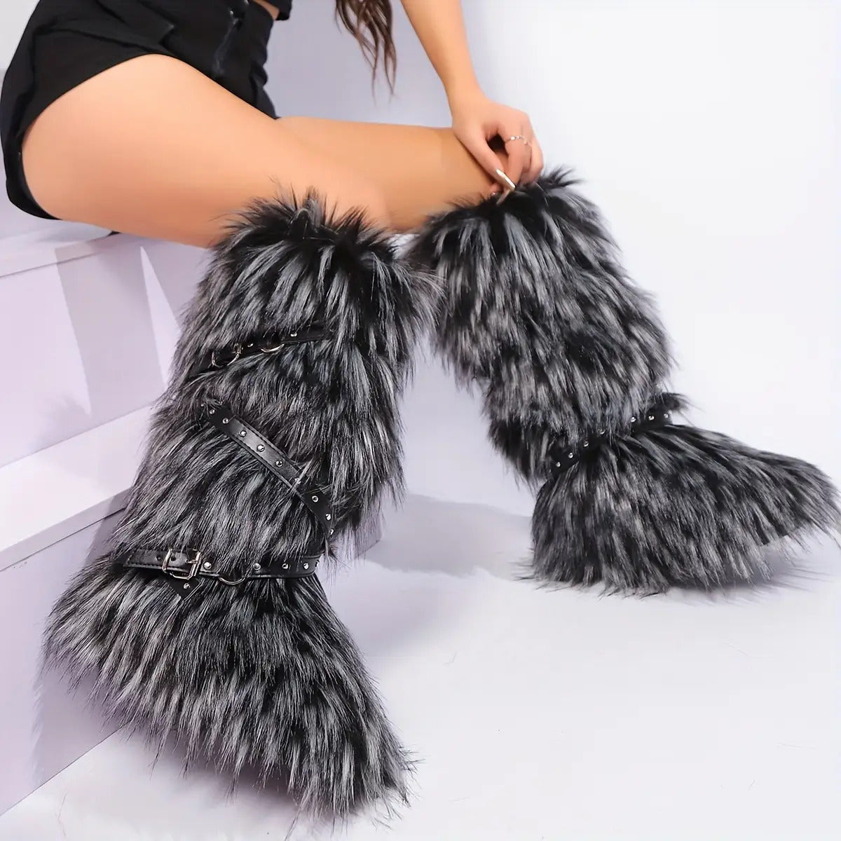 Gothic Punk Motorcycle Faux Fur Women's Boots with Chain Adornments - Flossy Mom
