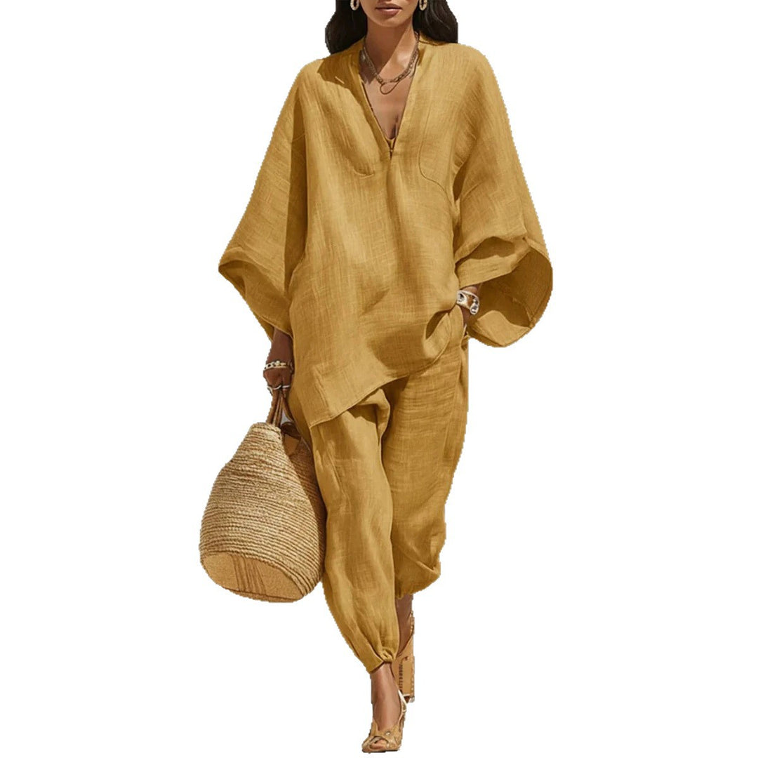 Women's Solid Color Loose Three-Quarter Sleeve Shirt And Pants Set