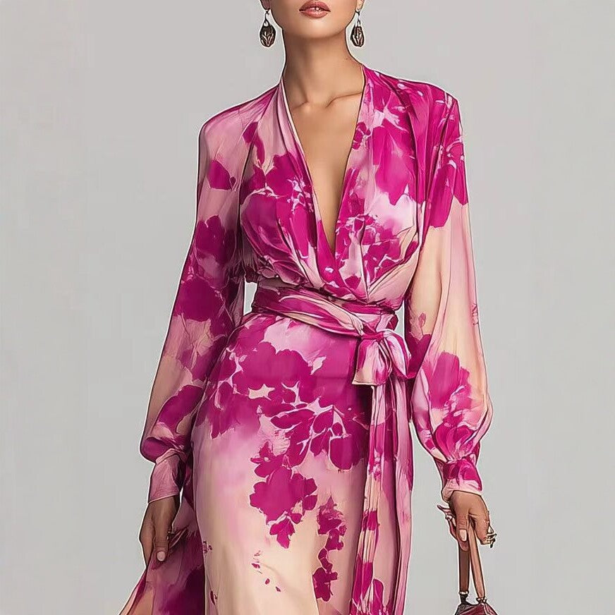 Chiffon Long Sleeve V-Neck Tie-Up Women's Dresses