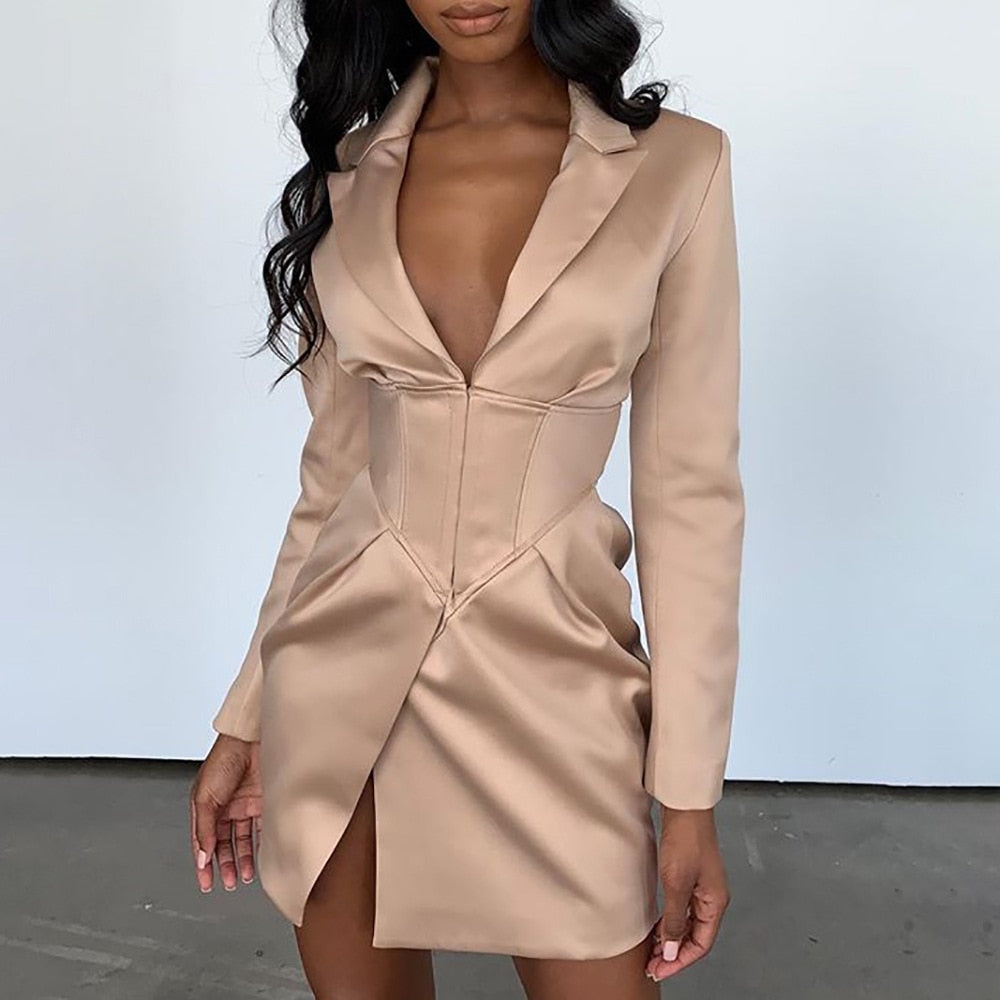 Deep V Neck Turn-Down Collar Button Long Blazer Dresses