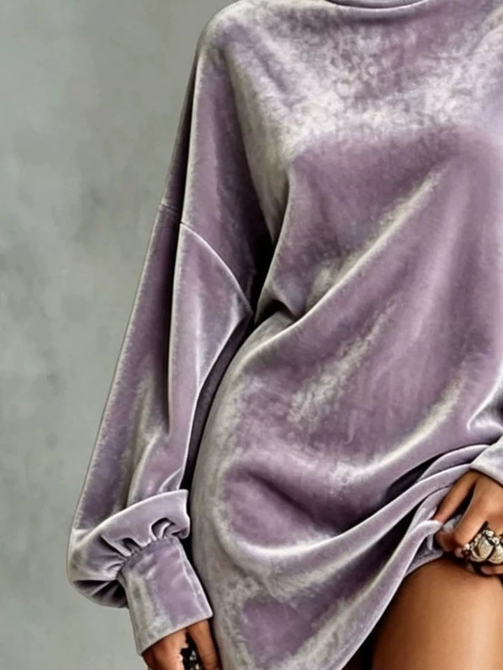 Purple velvet mock-neck mini dress with long sleeve cuff ruching