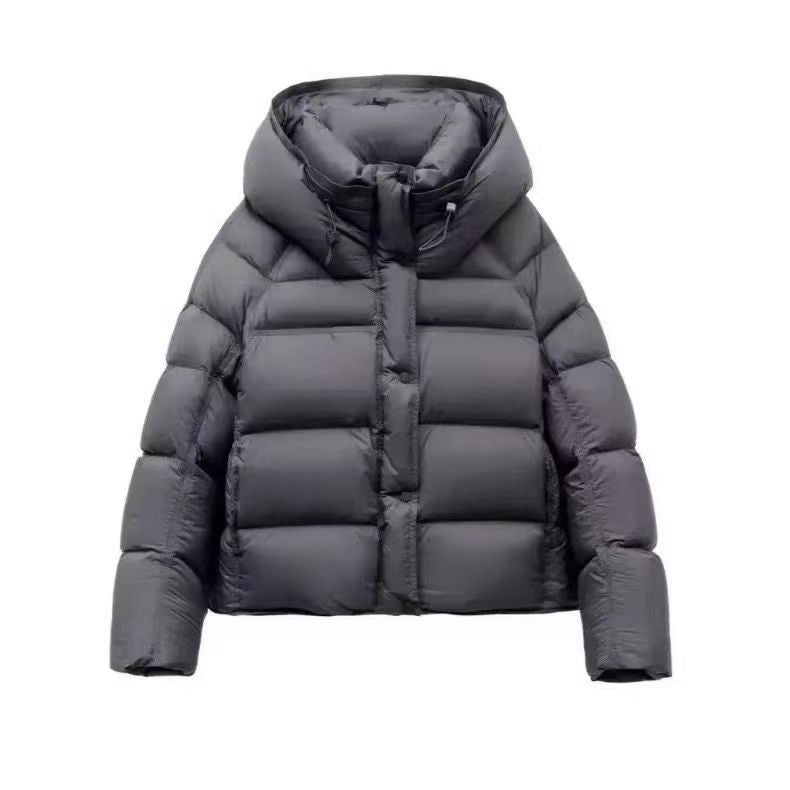 Women's plus size hooded puffer jacket, dark gray, stand-up hood and front zipper
