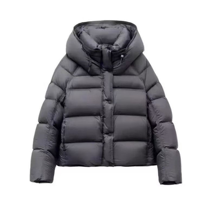 Women's plus size hooded puffer jacket, dark gray, stand-up hood and front zipper