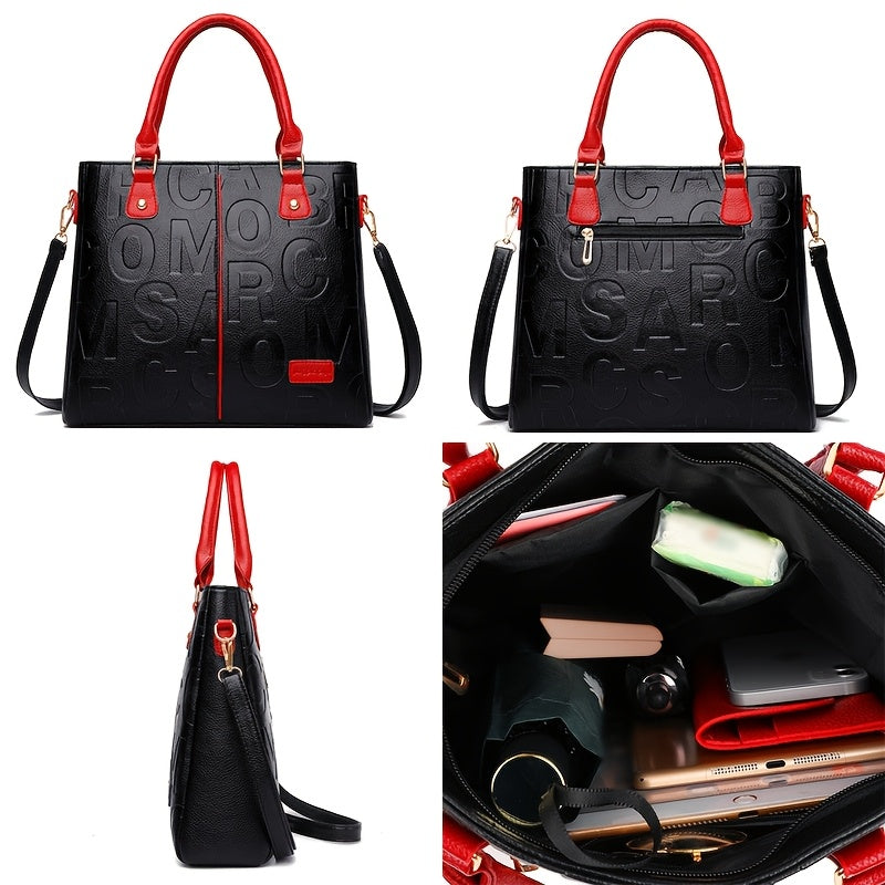 Top Handle Straps Zipper Letter Print PU Leather Handbags - Flossy Mom