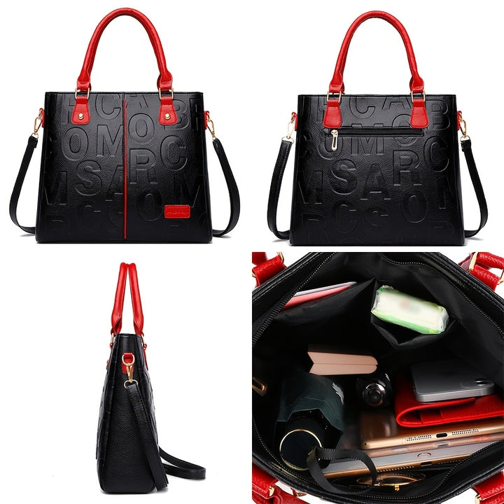 Top Handle Straps Zipper Letter Print PU Leather Handbags - Flossy Mom