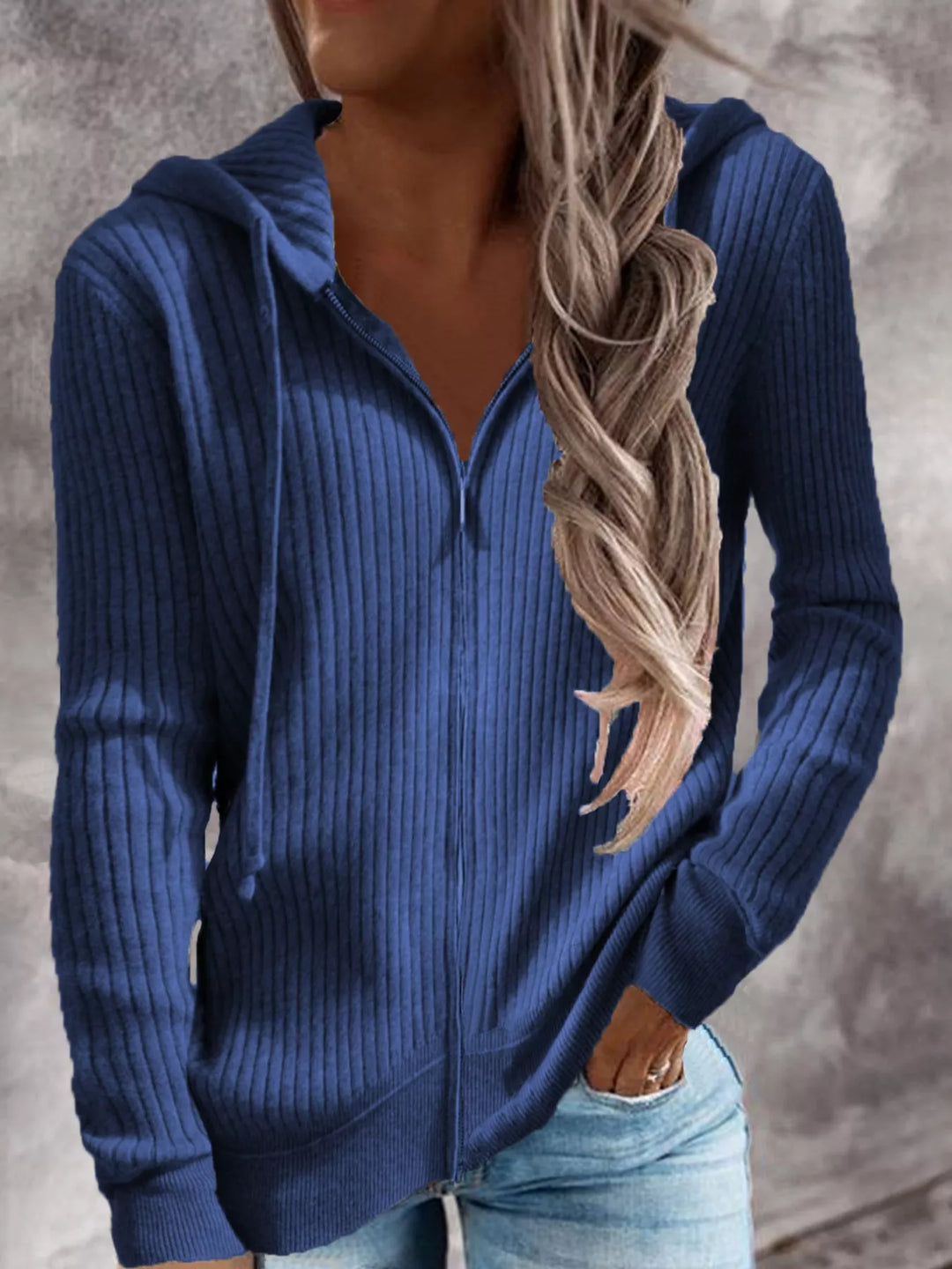 Women's Plus Size Blue Ribbed Knit Zip-Up Hooded Cardigan, Front View With Jeans