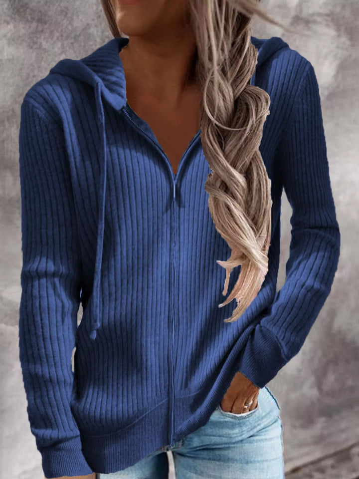Women's Plus Size Blue Ribbed Knit Zip-Up Hooded Cardigan, Front View With Jeans