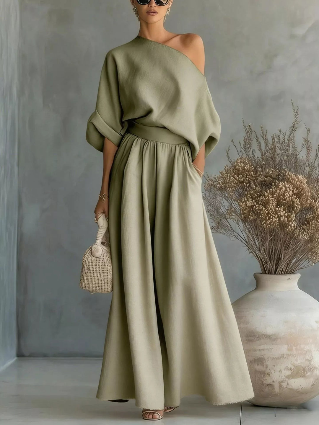 Plus-size one-shoulder top and wide-leg pants set, sage green