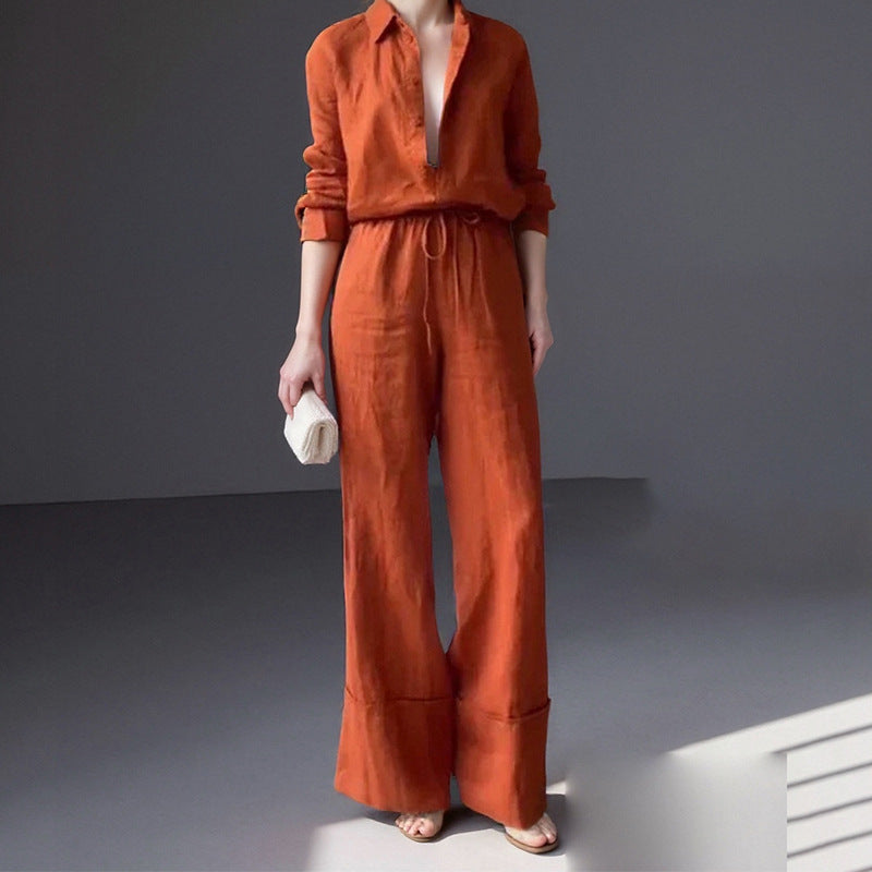 Woman wearing orange 2Pcs Button collared shirt & pants outfit.