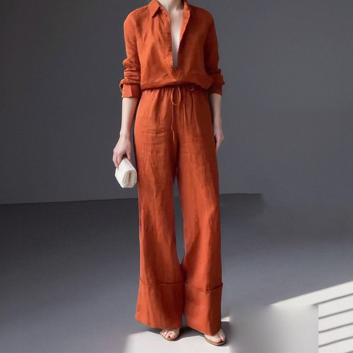 Woman wearing orange 2Pcs Button collared shirt & pants outfit.