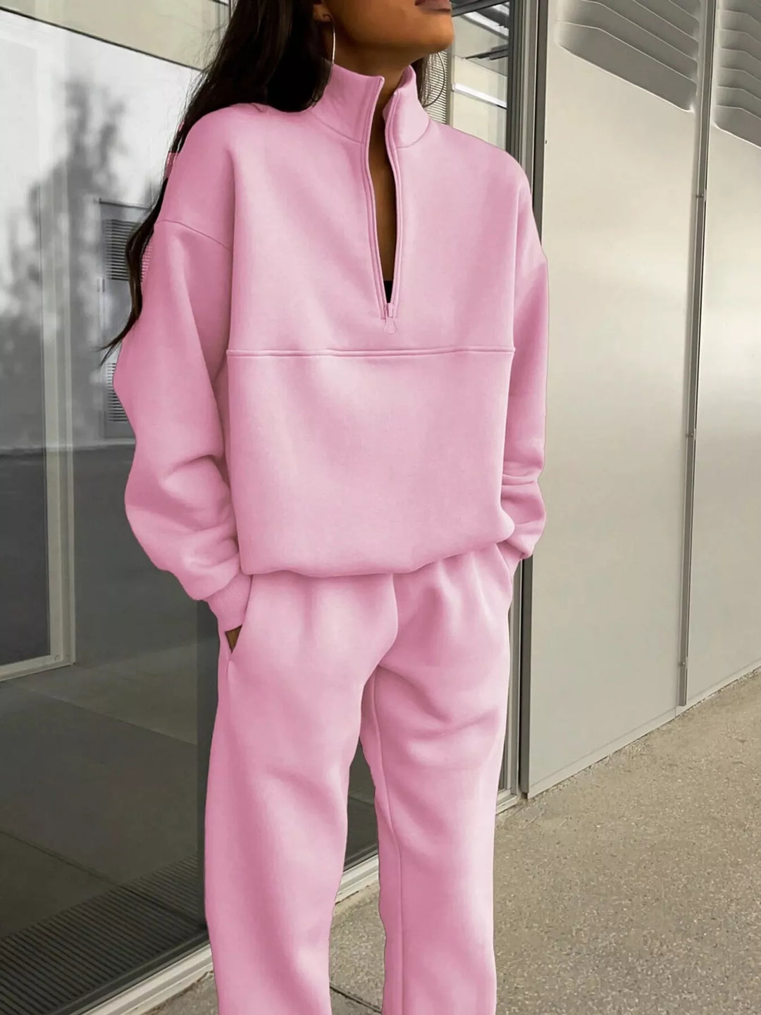 Women's Pink Half-Zip Sweatshirt And Matching Pants, Front Close-Up
