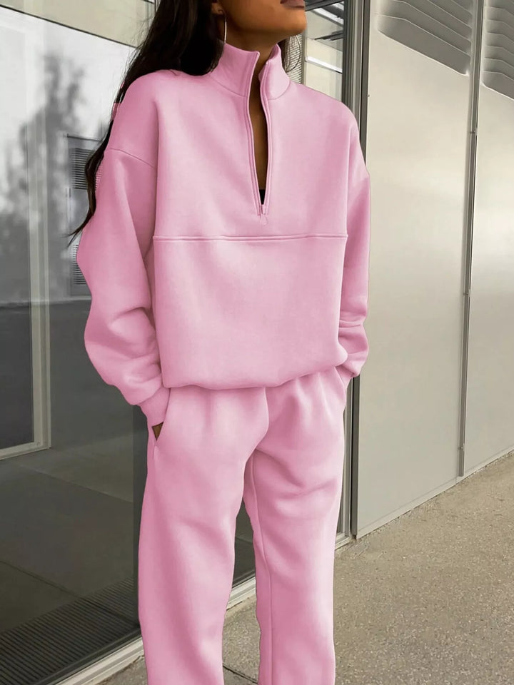 Women's Pink Half-Zip Sweatshirt And Matching Pants, Front Close-Up