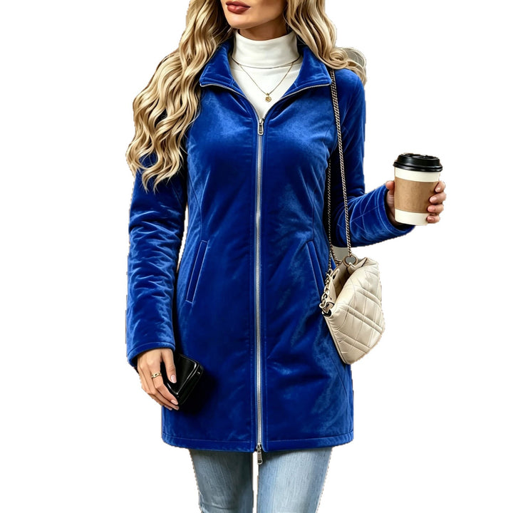 Women's Sapphire Blue Velvet Long Coat With Mock Neck And Two-Way Zipper, Shown Against A White Background.