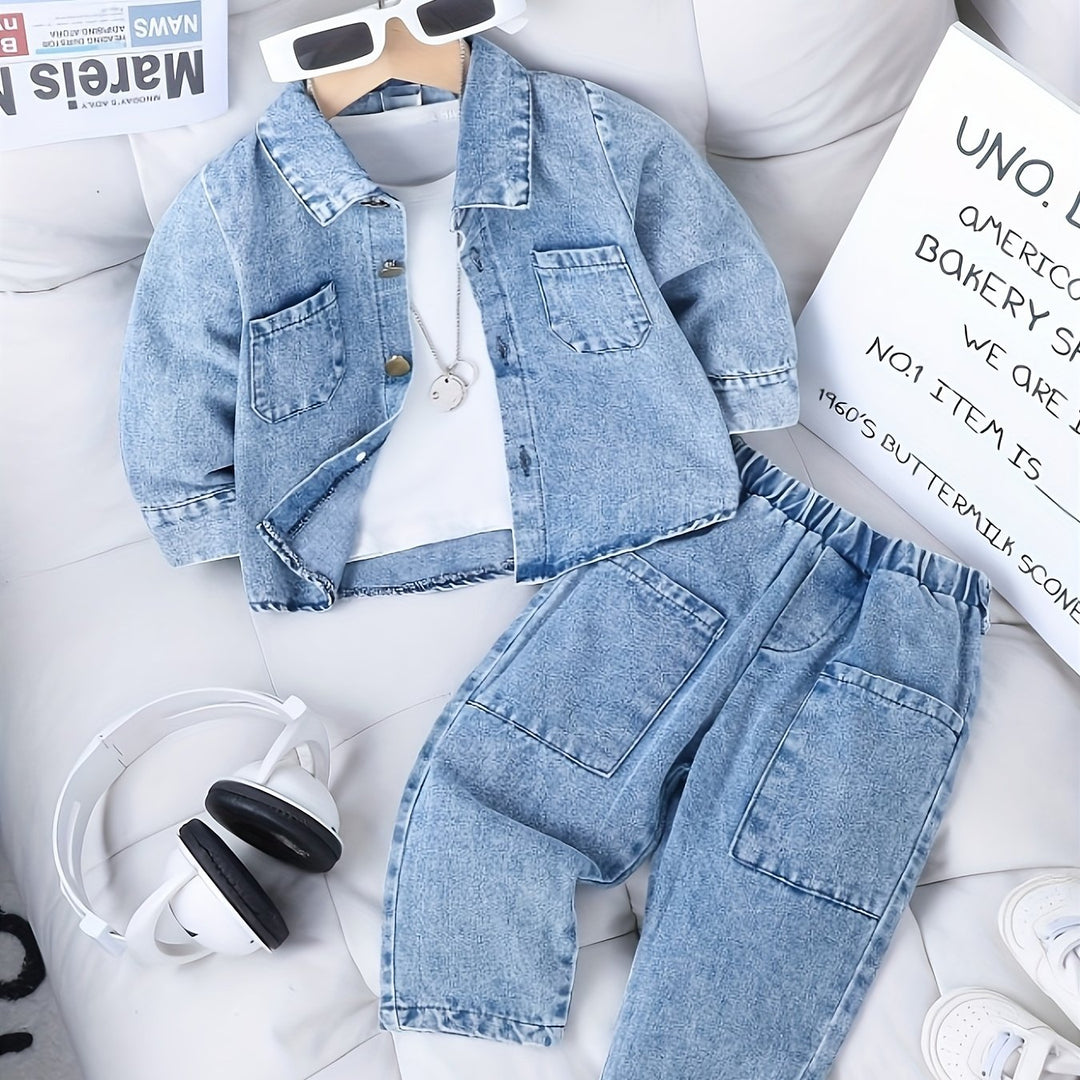 Denim jacket and jeans set on a white surface with headphones and sunglasses.