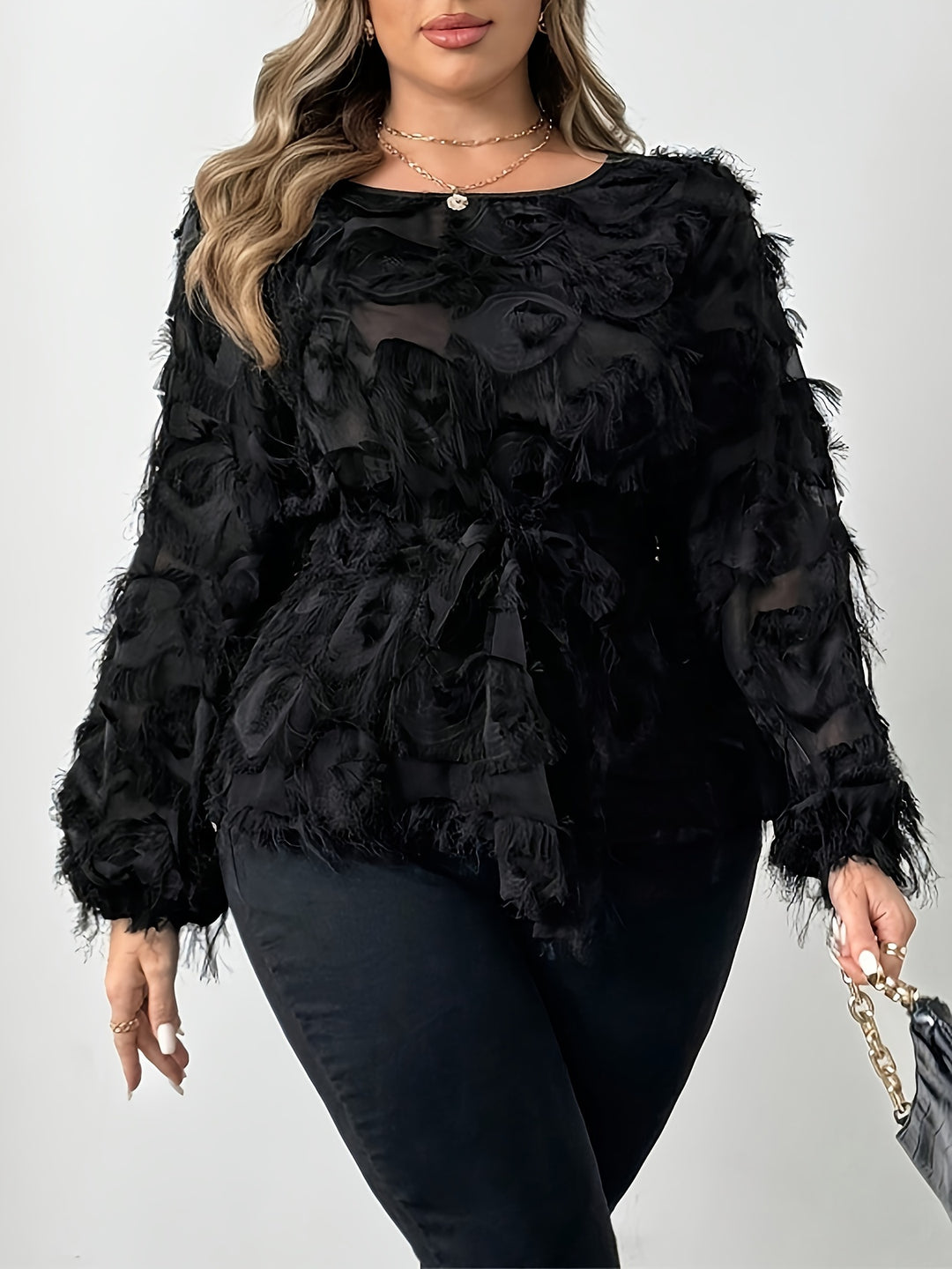 Boss-Lady Mesh Lace Belt Detail Plus Size Shirts - Flossy Mom