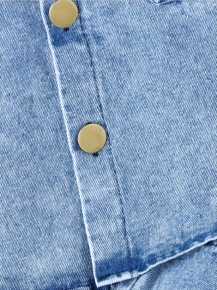 Close-up of blue denim fabric with gold buttons