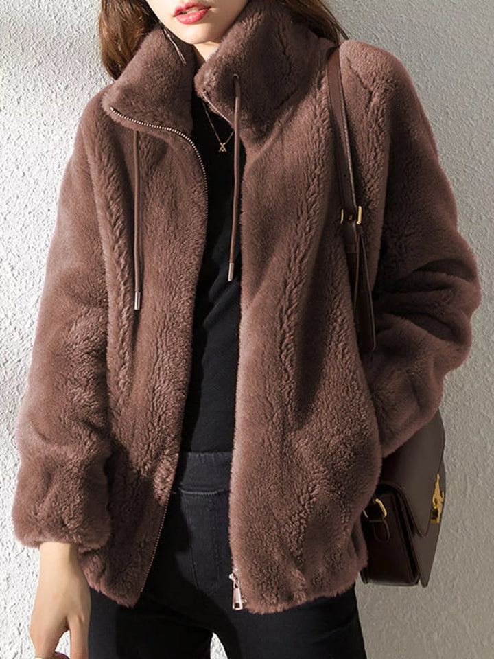 Dark brown faux fur zip jacket with stand collar and drawstring ties, long sleeves