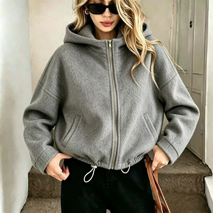 Women’s wool zip-up hoodie jacket, heather gray, high neck, front pockets