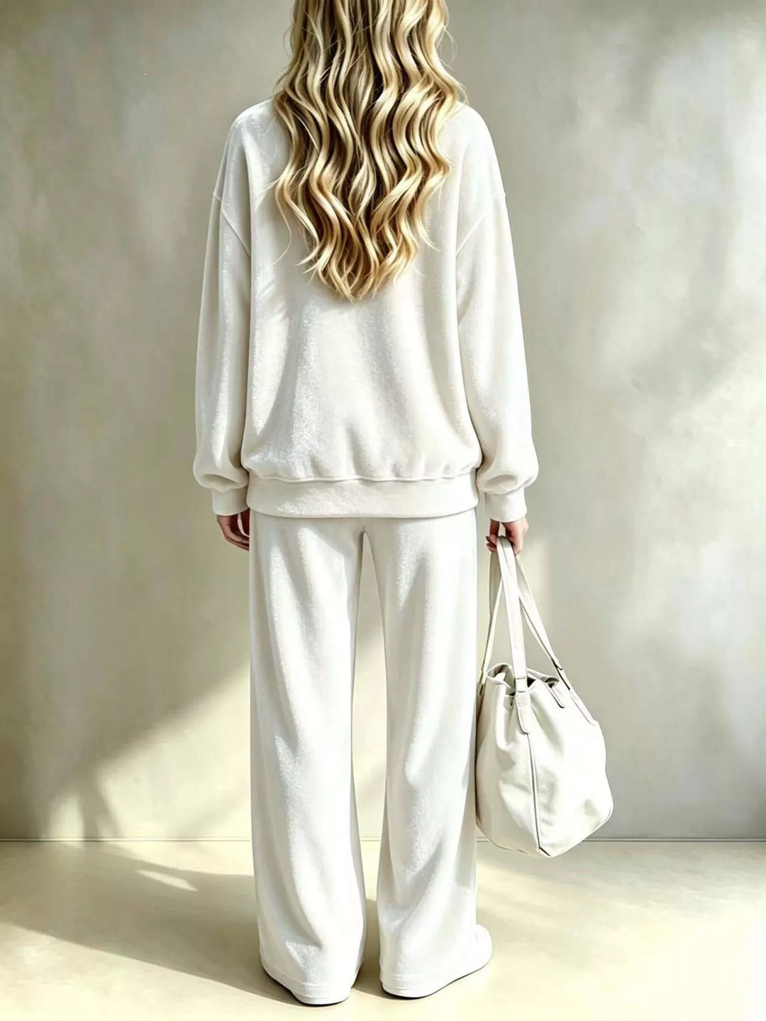 Women's White Velvet Top And Wide-Leg Pants Set, Back View
