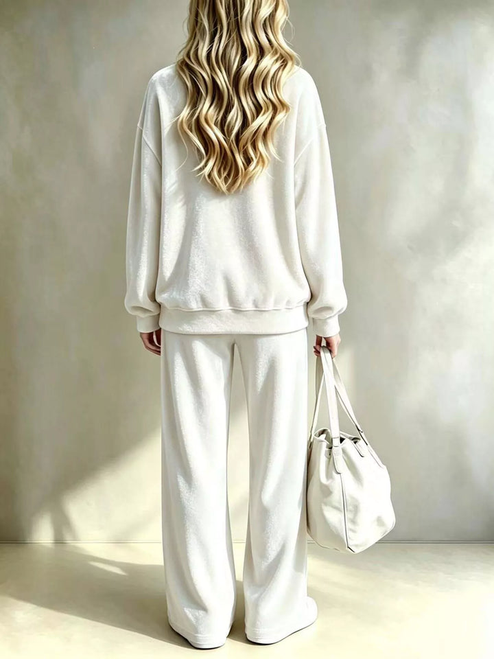 Women's White Velvet Top And Wide-Leg Pants Set, Back View