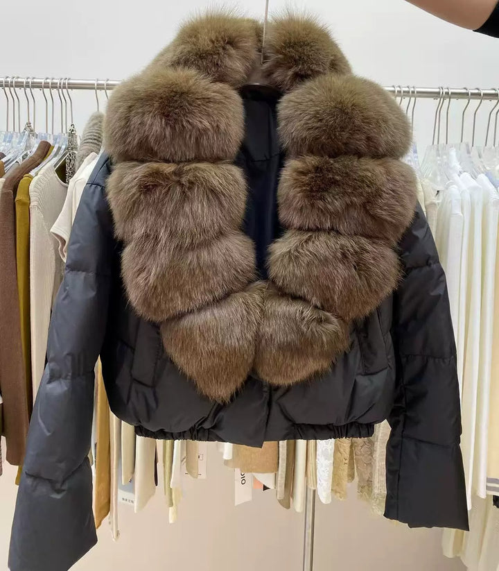 Close Front View Of Black Women's Puffer Jacket With Full Brown Fur Collar