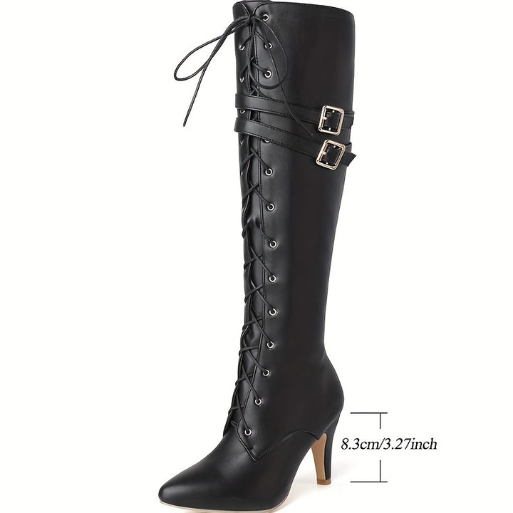 Sexy Buckles Zipper PU Leather Knee-High Riding Boots - Flossy Mom