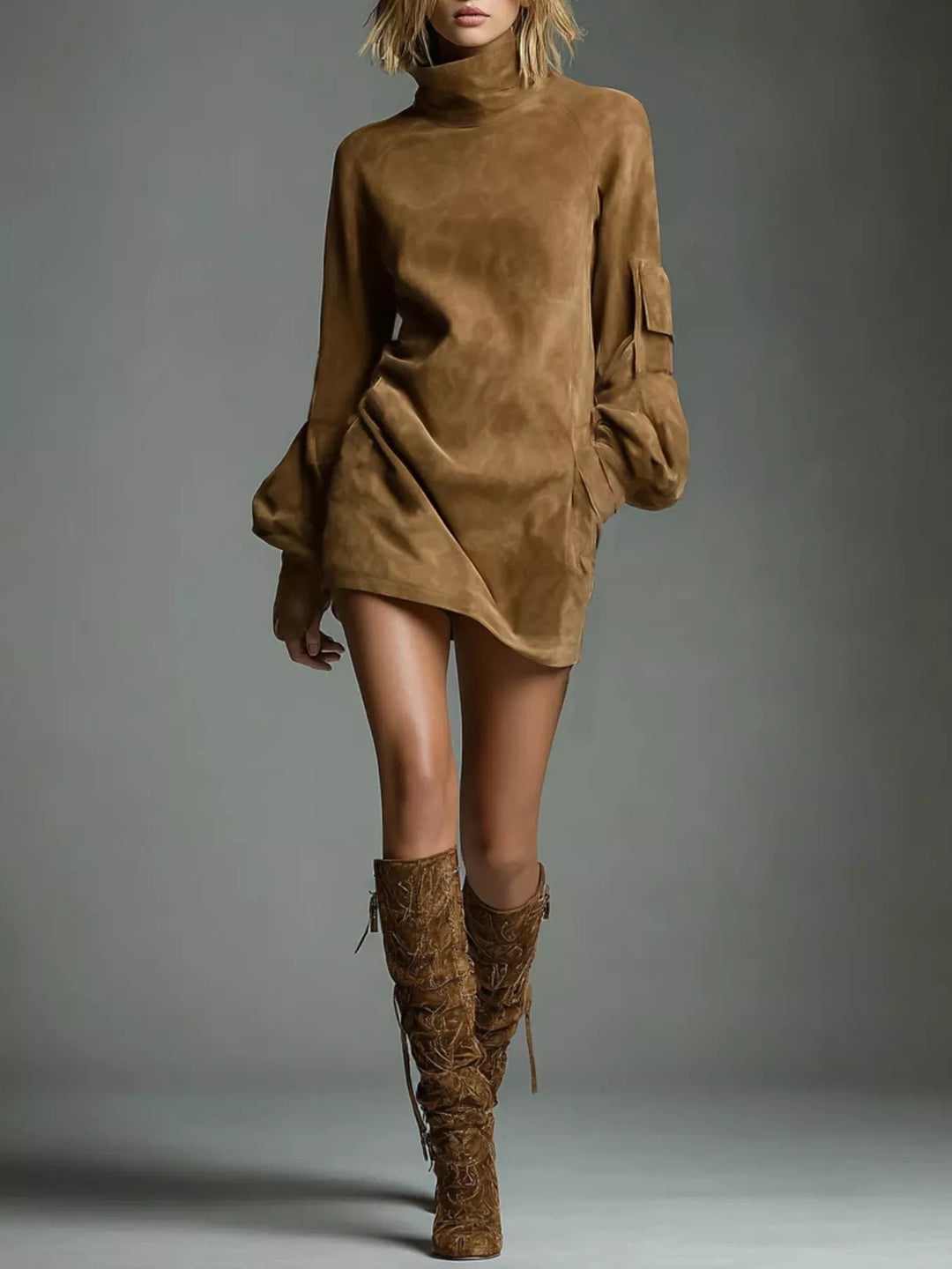 Brown suede mini dress with high turtleneck and lantern sleeves, plus-size style