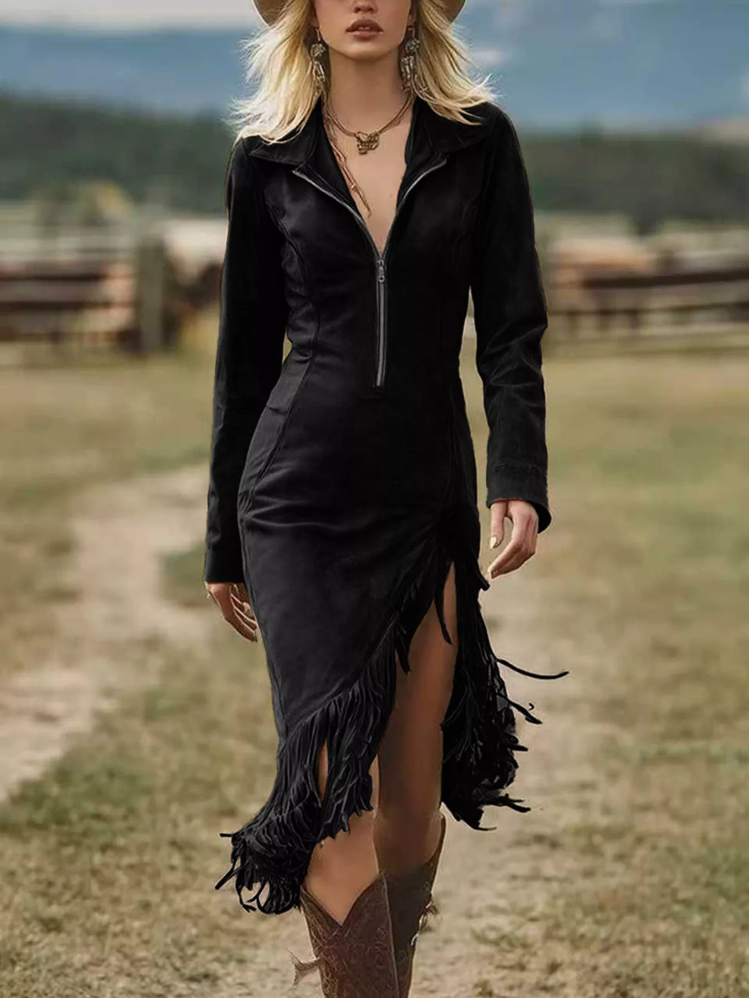 Black zip-front bodycon dress with fringe hem and long sleeves