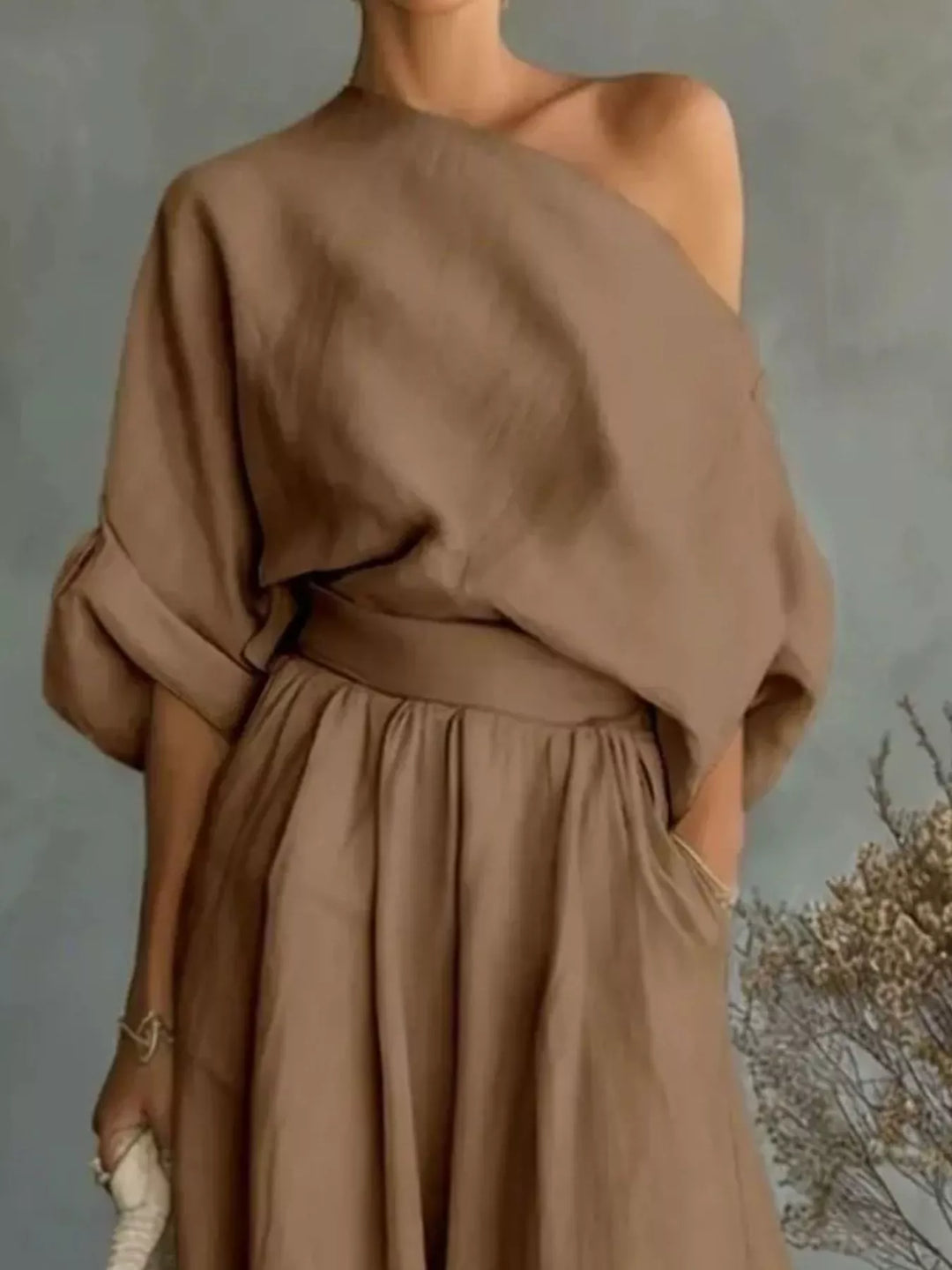 Plus-size one-shoulder top and wide-leg pants set, tan, gathered waist